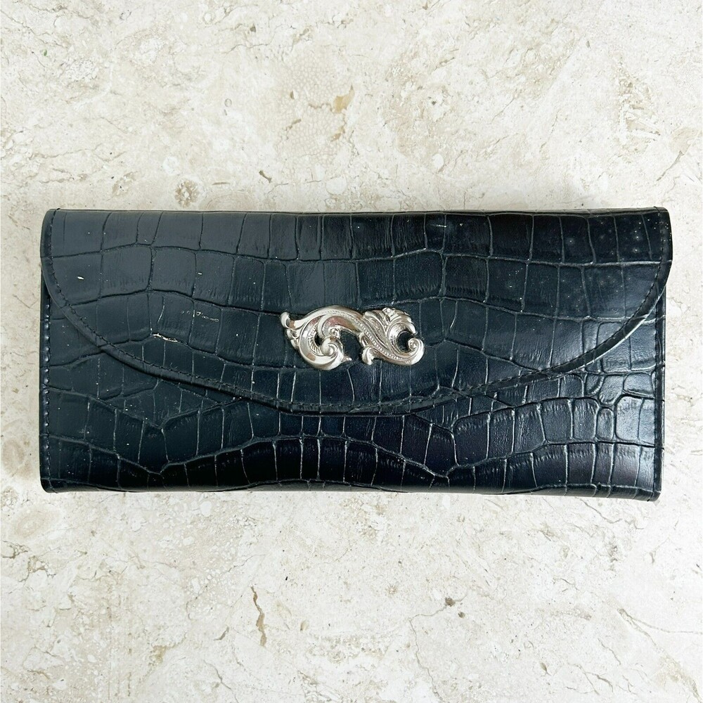 NEW ROLFS Black Leather Wallet Slim Alligator Crocodile Embossed NWT